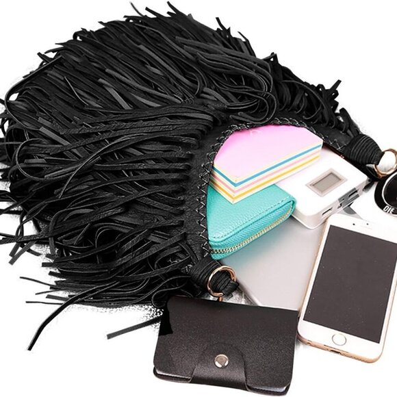 Women's Fringed Faux Suede Leather Cross Body Bag Chain Shoulder Bag Tassel Hand - Picture 6 of 6